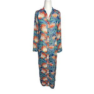 Grifflin Paris Tropical Floral Blue Long Bathing Suit Cover Up Size Small Women'